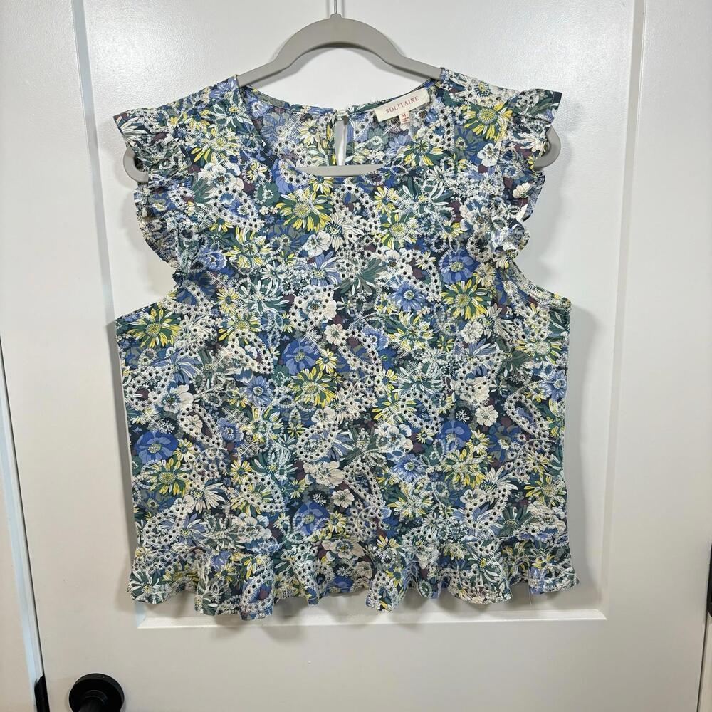 Anthropologie Solitaire Ravi Khosla Women’s Floral Eyelet Blouse Ruffle Sleeve M